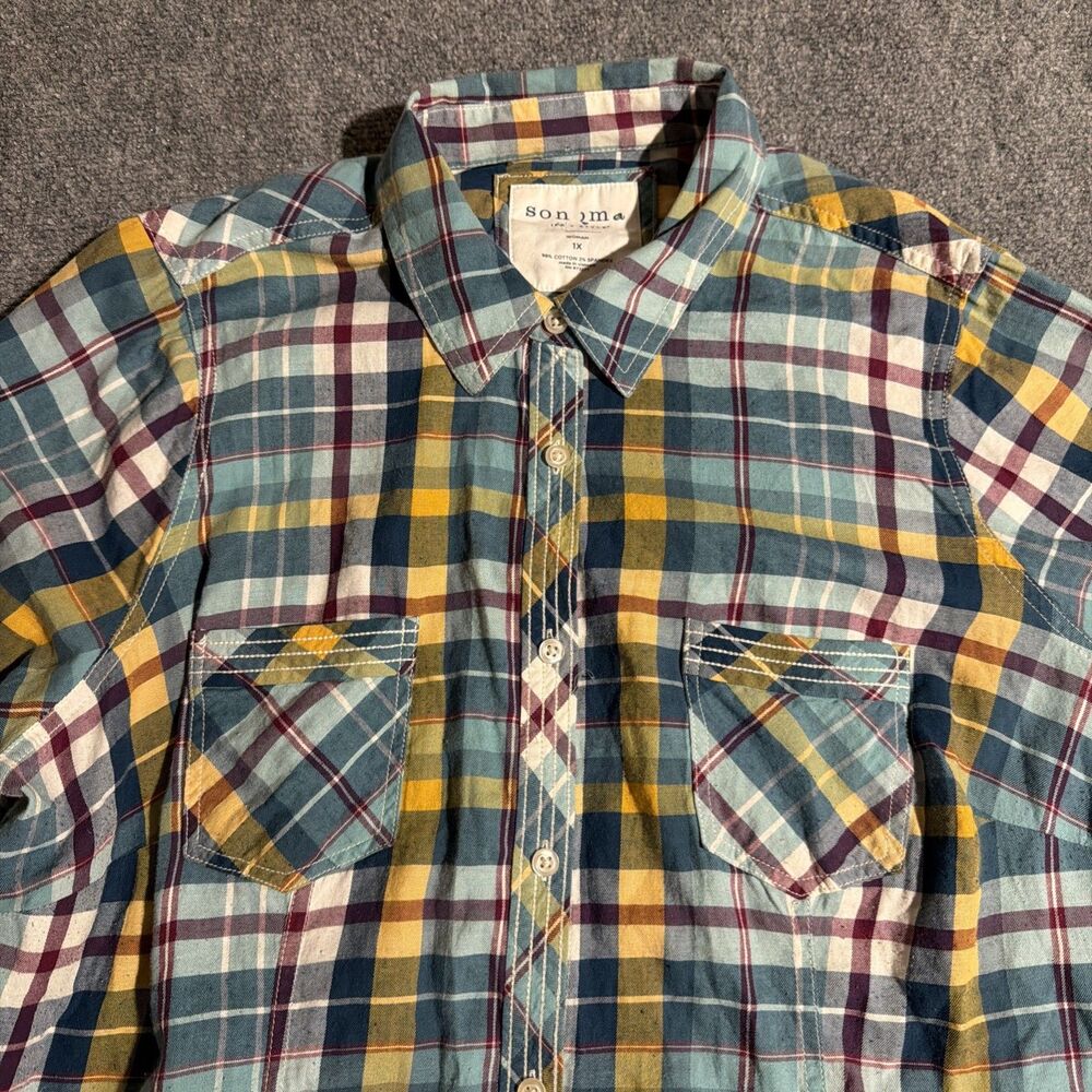 Sonoma Life & Style Shirt Womens 1X Green Plaid Button Front Long Sleeve